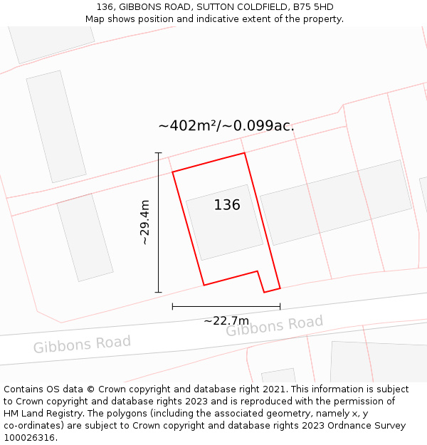 136, GIBBONS ROAD, SUTTON COLDFIELD, B75 5HD: Plot and title map