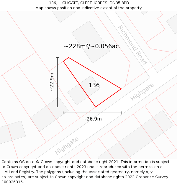 136, HIGHGATE, CLEETHORPES, DN35 8PB: Plot and title map