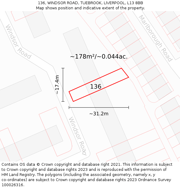 136, WINDSOR ROAD, TUEBROOK, LIVERPOOL, L13 8BB: Plot and title map