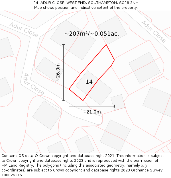14, ADUR CLOSE, WEST END, SOUTHAMPTON, SO18 3NH: Plot and title map