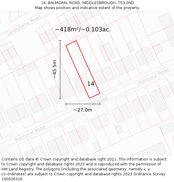 14, BALMORAL ROAD, MIDDLESBROUGH, TS3 0ND: Plot and title map