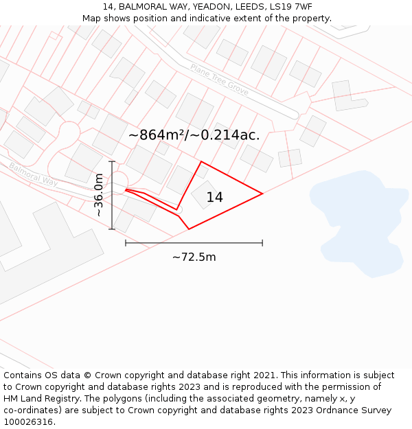 14, BALMORAL WAY, YEADON, LEEDS, LS19 7WF: Plot and title map