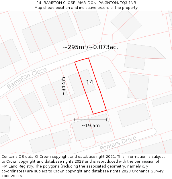14, BAMPTON CLOSE, MARLDON, PAIGNTON, TQ3 1NB: Plot and title map