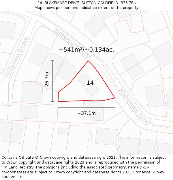 14, BLAKEMORE DRIVE, SUTTON COLDFIELD, B75 7RN: Plot and title map