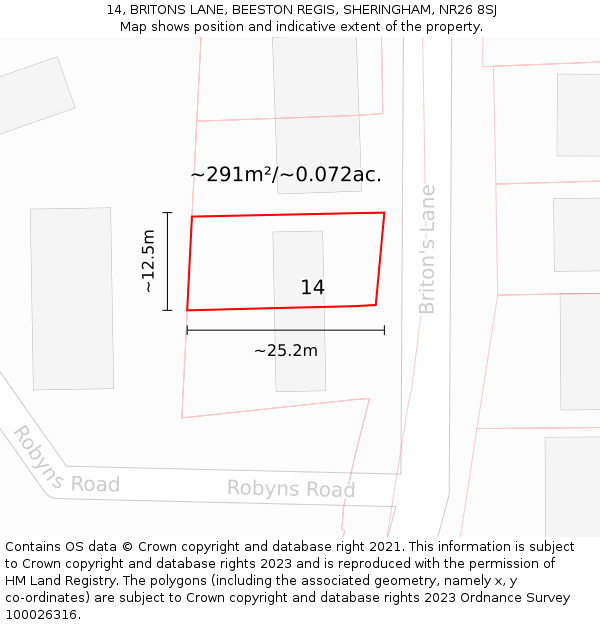 14, BRITONS LANE, BEESTON REGIS, SHERINGHAM, NR26 8SJ: Plot and title map