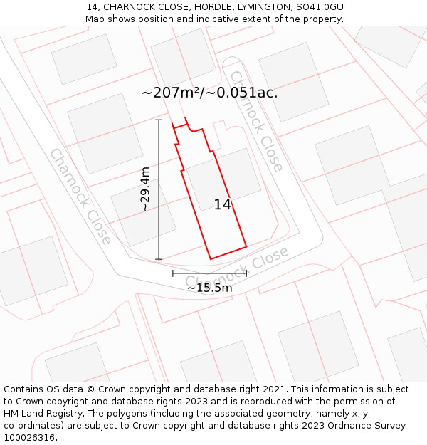 14, CHARNOCK CLOSE, HORDLE, LYMINGTON, SO41 0GU: Plot and title map