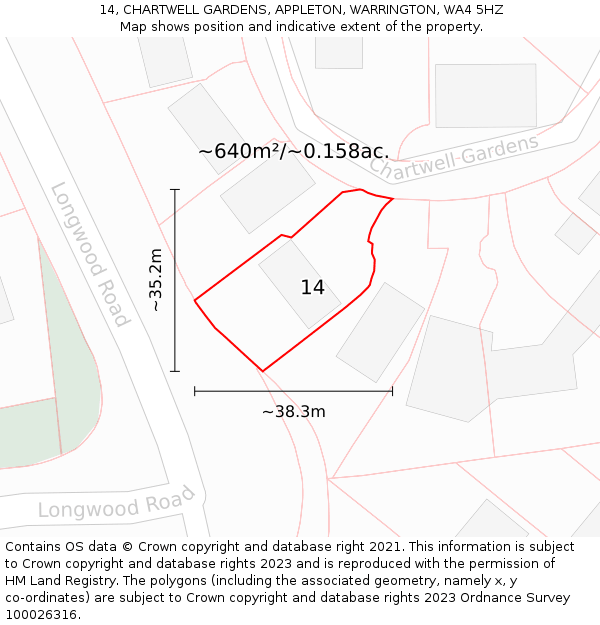 14, CHARTWELL GARDENS, APPLETON, WARRINGTON, WA4 5HZ: Plot and title map