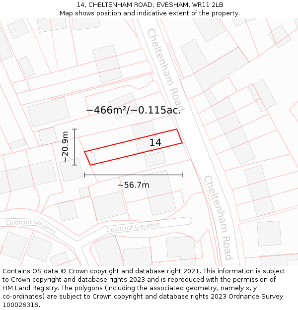 14, CHELTENHAM ROAD, EVESHAM, WR11 2LB: Plot and title map