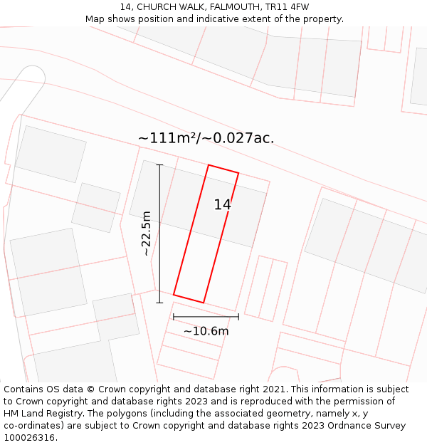 14, CHURCH WALK, FALMOUTH, TR11 4FW: Plot and title map