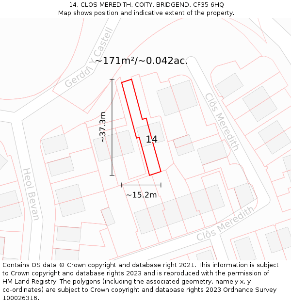14, CLOS MEREDITH, COITY, BRIDGEND, CF35 6HQ: Plot and title map