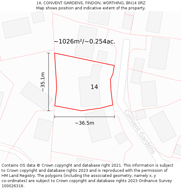 14, CONVENT GARDENS, FINDON, WORTHING, BN14 0RZ: Plot and title map