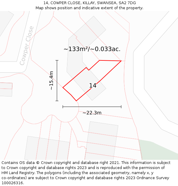 14, COWPER CLOSE, KILLAY, SWANSEA, SA2 7DG: Plot and title map