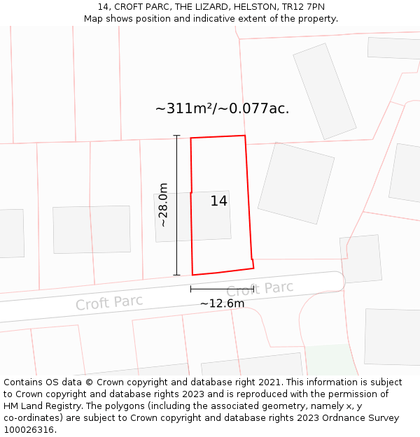14, CROFT PARC, THE LIZARD, HELSTON, TR12 7PN: Plot and title map