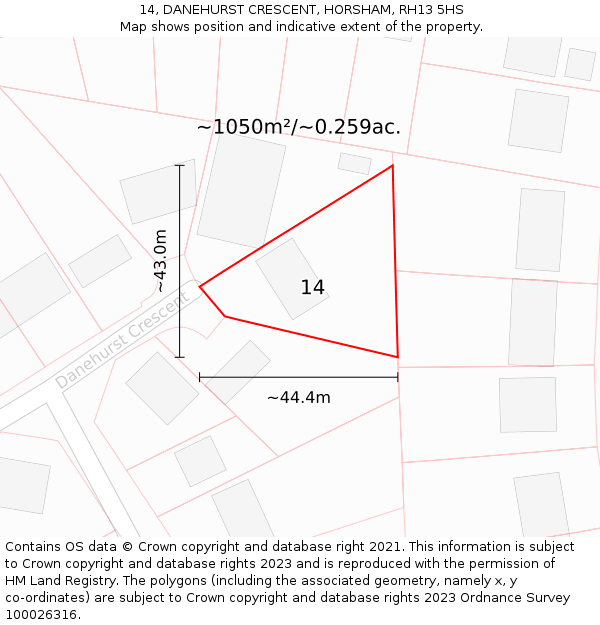 14, DANEHURST CRESCENT, HORSHAM, RH13 5HS: Plot and title map