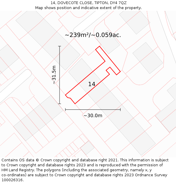 14, DOVECOTE CLOSE, TIPTON, DY4 7QZ: Plot and title map