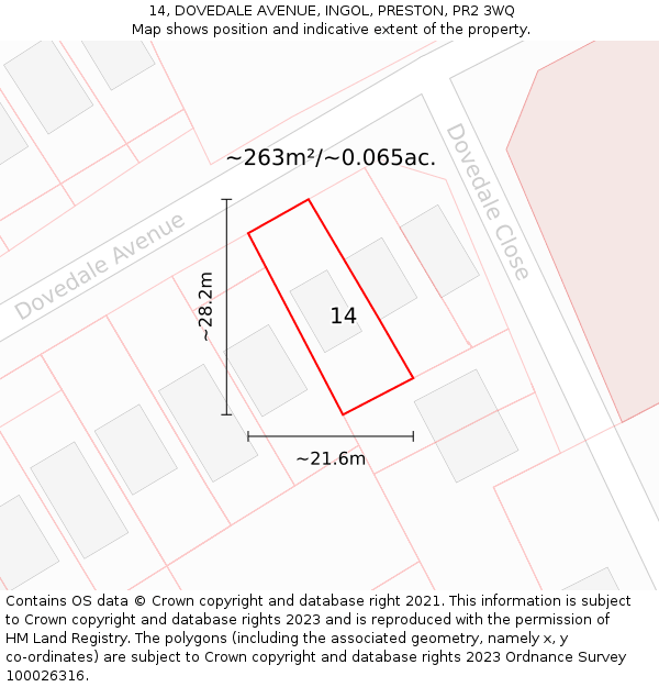 14, DOVEDALE AVENUE, INGOL, PRESTON, PR2 3WQ: Plot and title map