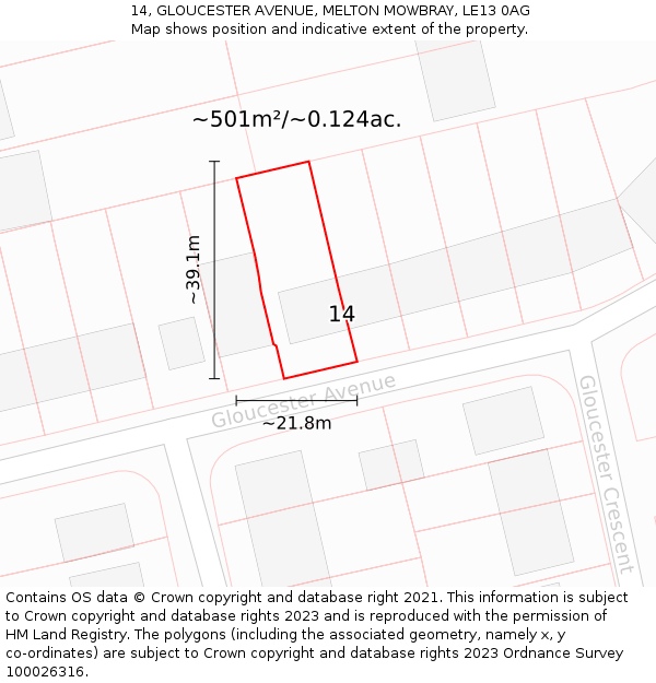 14, GLOUCESTER AVENUE, MELTON MOWBRAY, LE13 0AG: Plot and title map