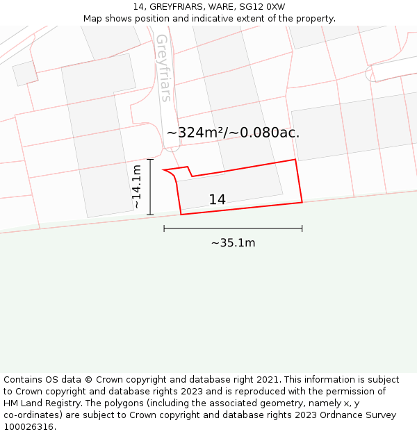 14, GREYFRIARS, WARE, SG12 0XW: Plot and title map