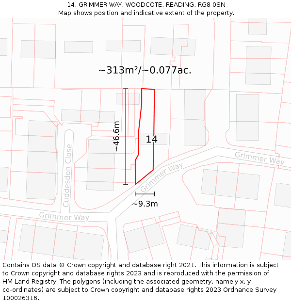 14, GRIMMER WAY, WOODCOTE, READING, RG8 0SN: Plot and title map