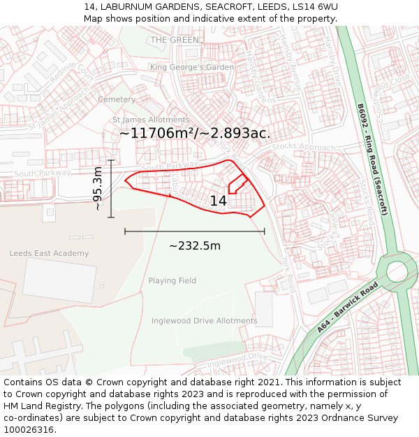 14, LABURNUM GARDENS, SEACROFT, LEEDS, LS14 6WU: Plot and title map