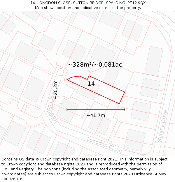 14, LONGDON CLOSE, SUTTON BRIDGE, SPALDING, PE12 9QX: Plot and title map