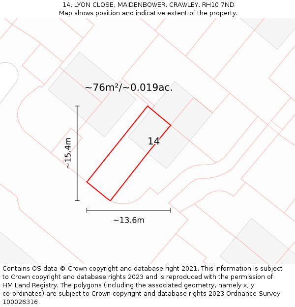 14, LYON CLOSE, MAIDENBOWER, CRAWLEY, RH10 7ND: Plot and title map