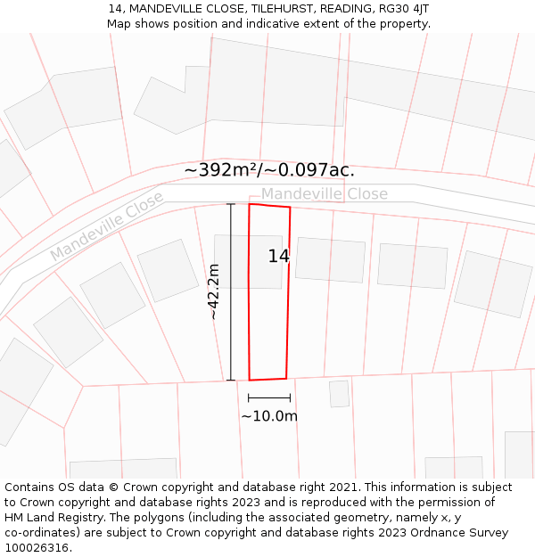 14, MANDEVILLE CLOSE, TILEHURST, READING, RG30 4JT: Plot and title map