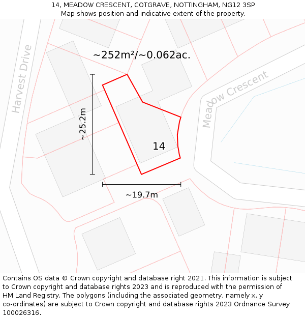 14, MEADOW CRESCENT, COTGRAVE, NOTTINGHAM, NG12 3SP: Plot and title map