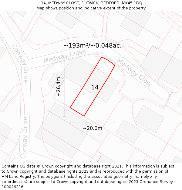 14, MEDWAY CLOSE, FLITWICK, BEDFORD, MK45 1DQ: Plot and title map
