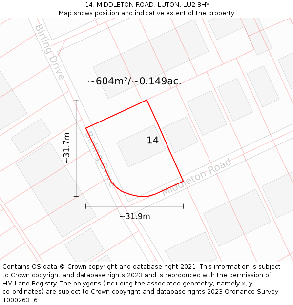 14, MIDDLETON ROAD, LUTON, LU2 8HY: Plot and title map