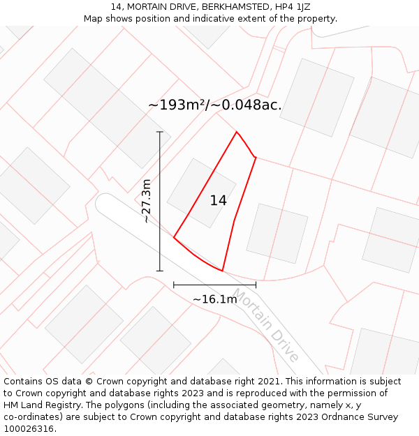 14, MORTAIN DRIVE, BERKHAMSTED, HP4 1JZ: Plot and title map