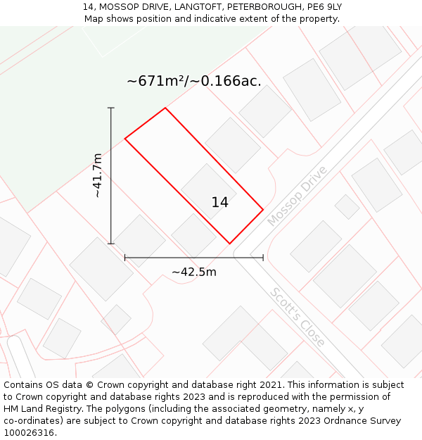 14, MOSSOP DRIVE, LANGTOFT, PETERBOROUGH, PE6 9LY: Plot and title map