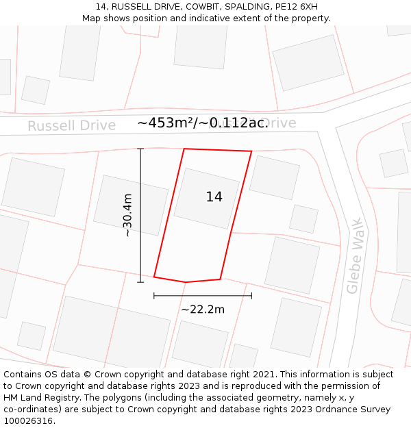 14, RUSSELL DRIVE, COWBIT, SPALDING, PE12 6XH: Plot and title map