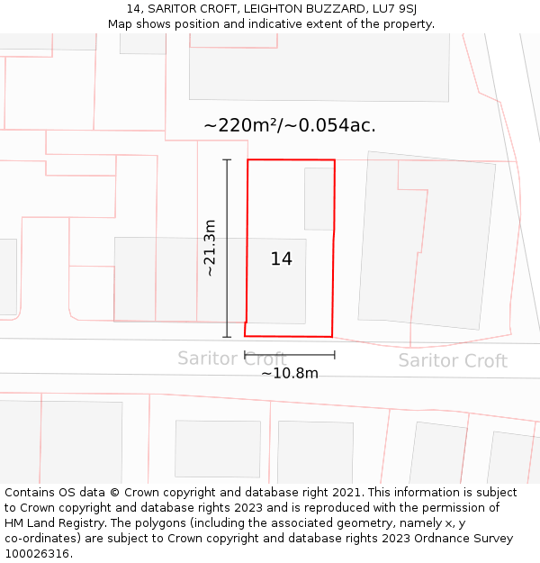 14, SARITOR CROFT, LEIGHTON BUZZARD, LU7 9SJ: Plot and title map