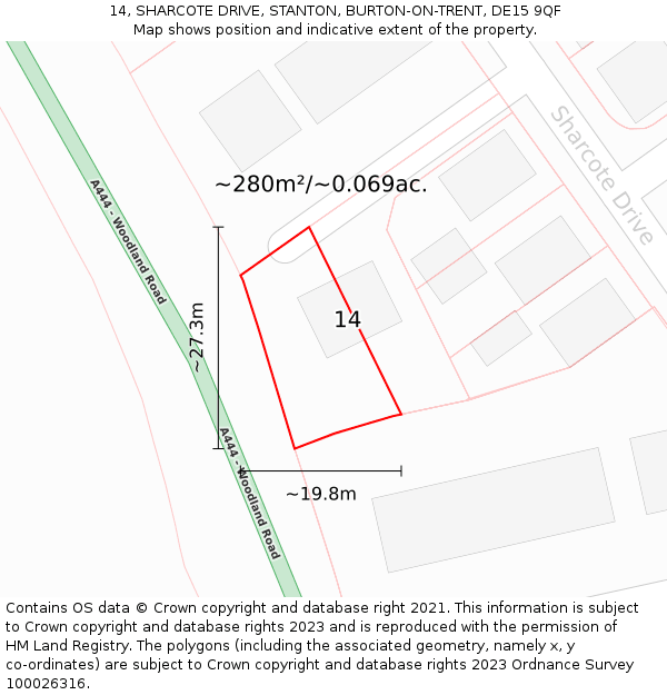 14, SHARCOTE DRIVE, STANTON, BURTON-ON-TRENT, DE15 9QF: Plot and title map