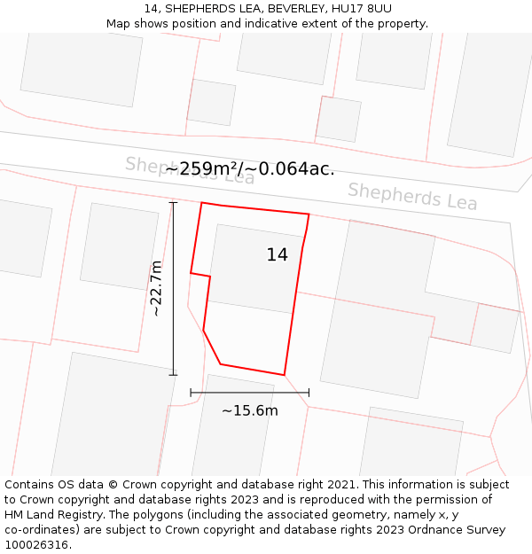 14, SHEPHERDS LEA, BEVERLEY, HU17 8UU: Plot and title map