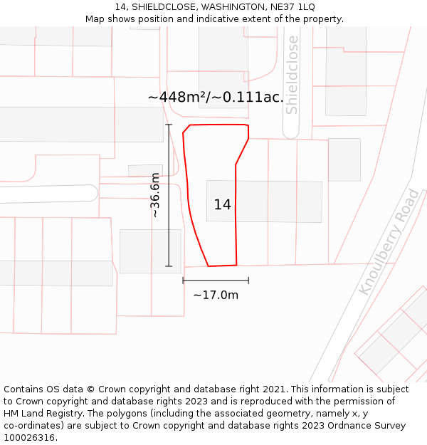 14, SHIELDCLOSE, WASHINGTON, NE37 1LQ: Plot and title map