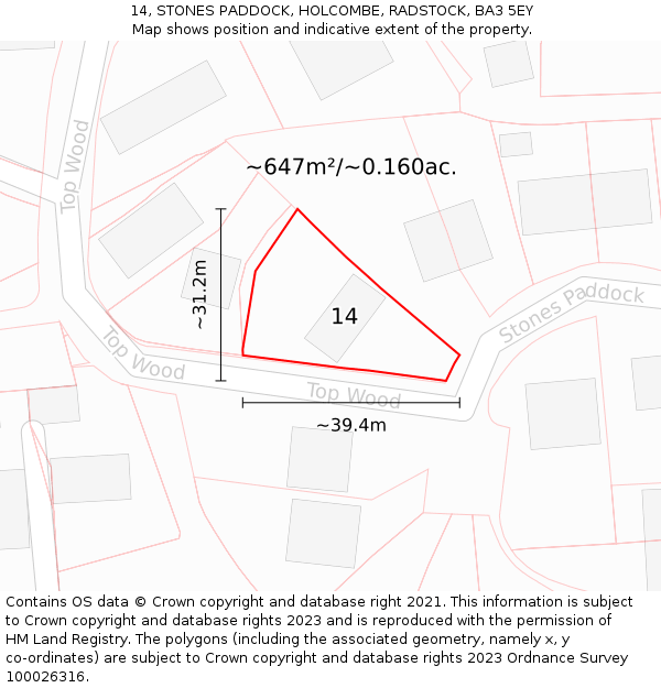 14, STONES PADDOCK, HOLCOMBE, RADSTOCK, BA3 5EY: Plot and title map