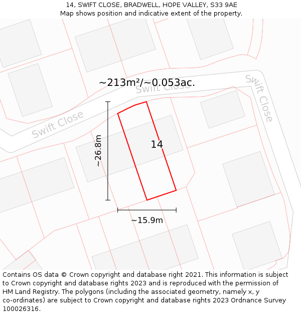 14, SWIFT CLOSE, BRADWELL, HOPE VALLEY, S33 9AE: Plot and title map