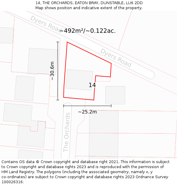 14, THE ORCHARDS, EATON BRAY, DUNSTABLE, LU6 2DD: Plot and title map