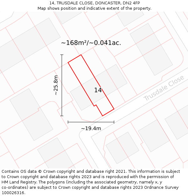14, TRUSDALE CLOSE, DONCASTER, DN2 4FP: Plot and title map