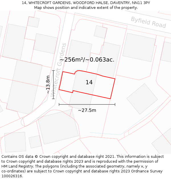 14, WHITECROFT GARDENS, WOODFORD HALSE, DAVENTRY, NN11 3PY: Plot and title map