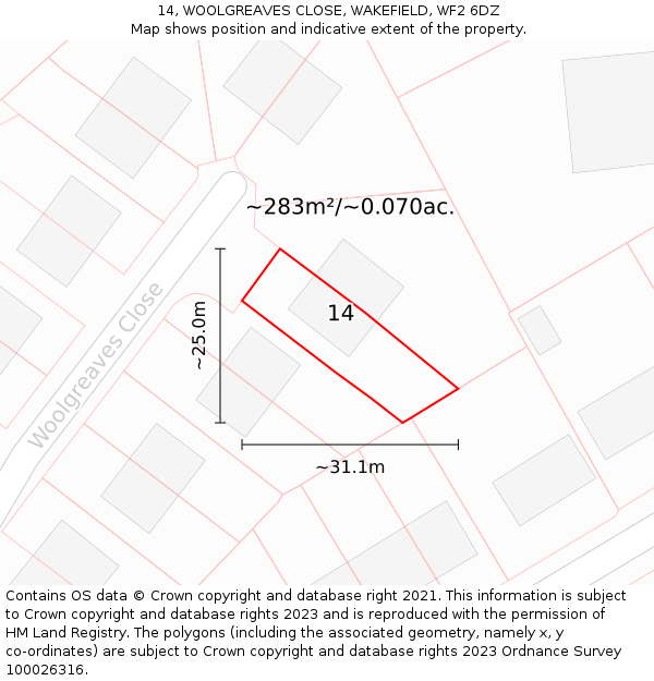 14, WOOLGREAVES CLOSE, WAKEFIELD, WF2 6DZ: Plot and title map