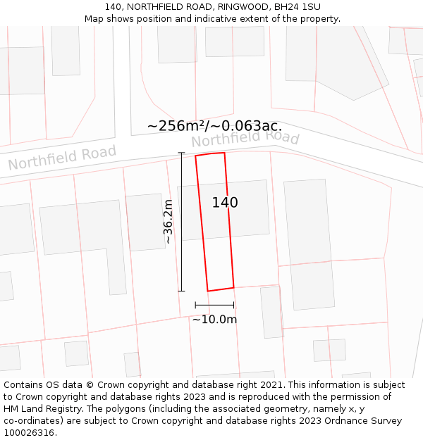140, NORTHFIELD ROAD, RINGWOOD, BH24 1SU: Plot and title map