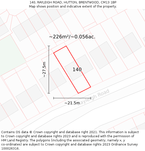 140, RAYLEIGH ROAD, HUTTON, BRENTWOOD, CM13 1BP: Plot and title map
