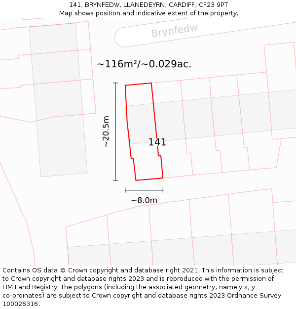 141, BRYNFEDW, LLANEDEYRN, CARDIFF, CF23 9PT: Plot and title map