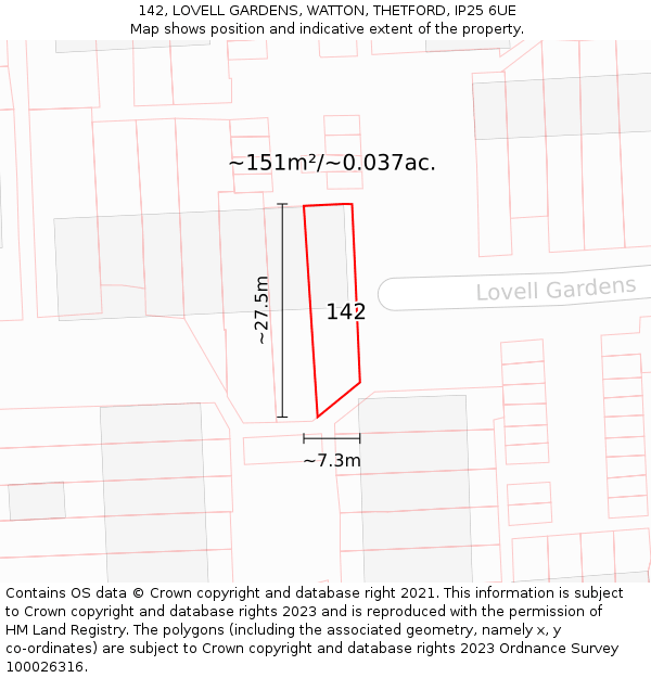 142, LOVELL GARDENS, WATTON, THETFORD, IP25 6UE: Plot and title map