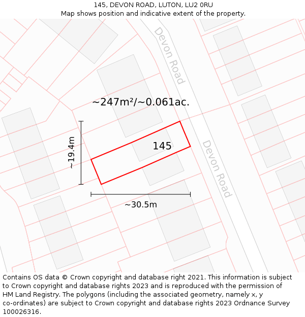 145, DEVON ROAD, LUTON, LU2 0RU: Plot and title map