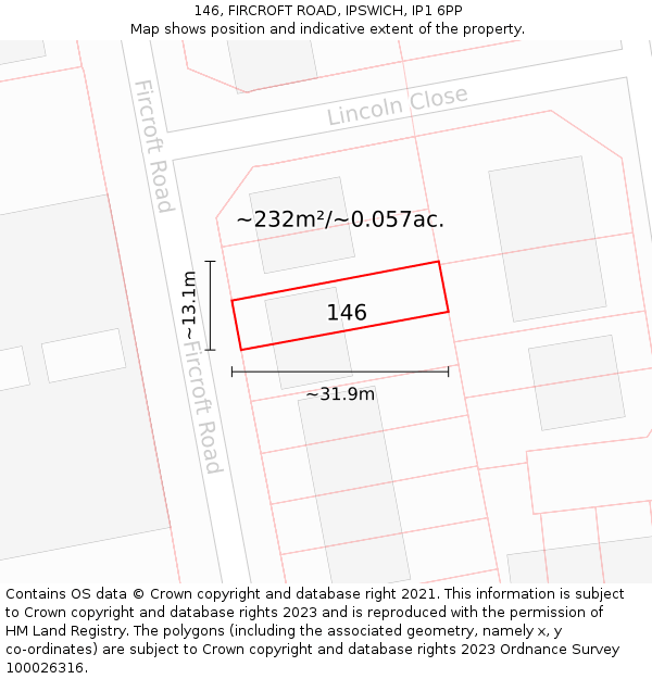 146, FIRCROFT ROAD, IPSWICH, IP1 6PP: Plot and title map