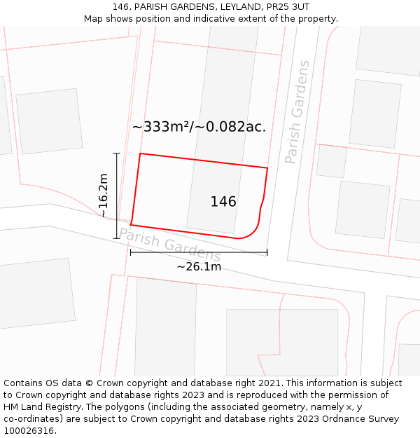 146, PARISH GARDENS, LEYLAND, PR25 3UT: Plot and title map